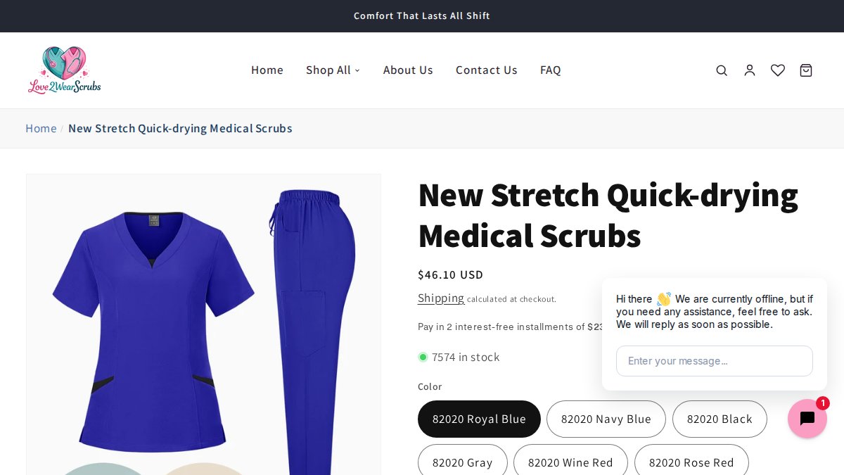 Screenshot of New Stretch Quick Drying Medical Workwear page on love2wearscrubs.com