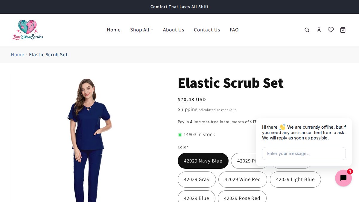 Screenshot of Elastic Nurses Uniform Operating Room Beauty Salon Suit page on love2wearscrubs.com