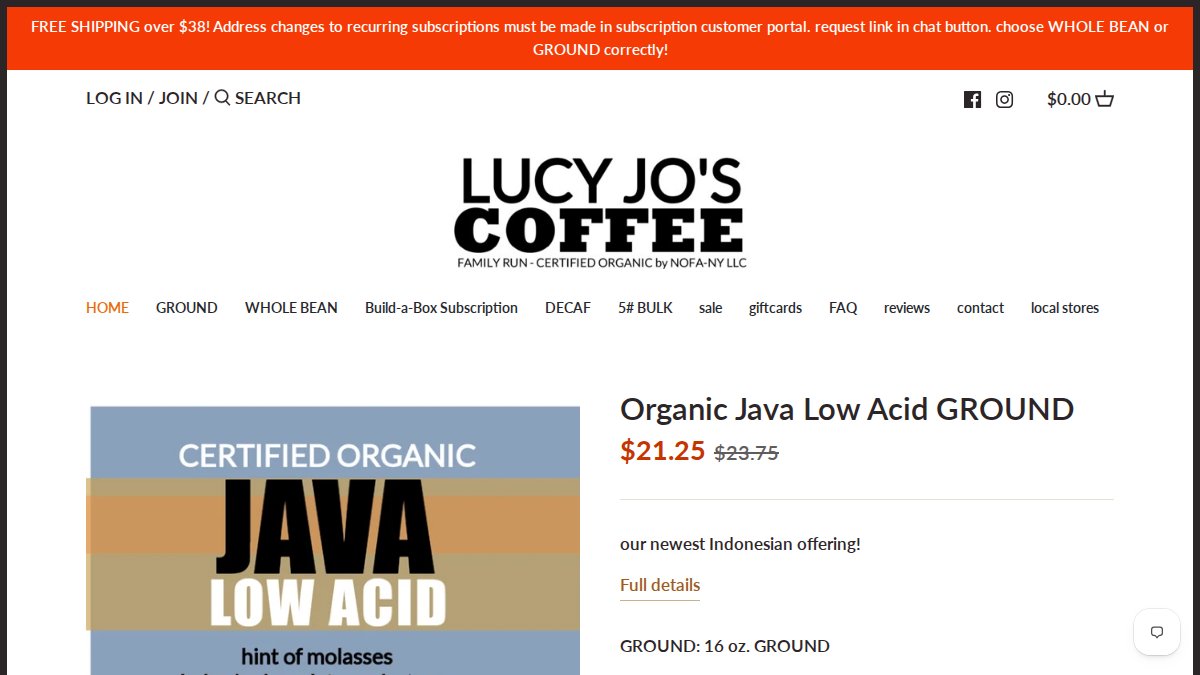Screenshot of lucyjoscoffee.com interface