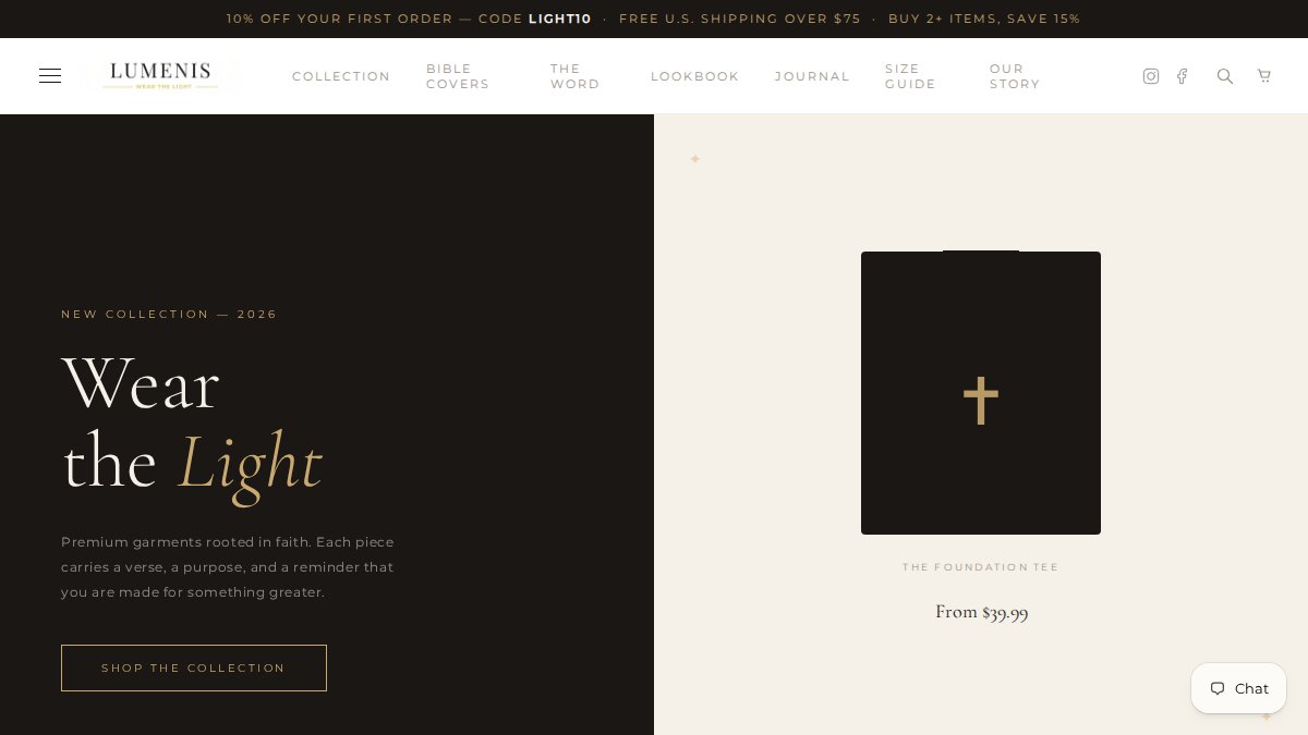 Screenshot of lumeniswear.com interface