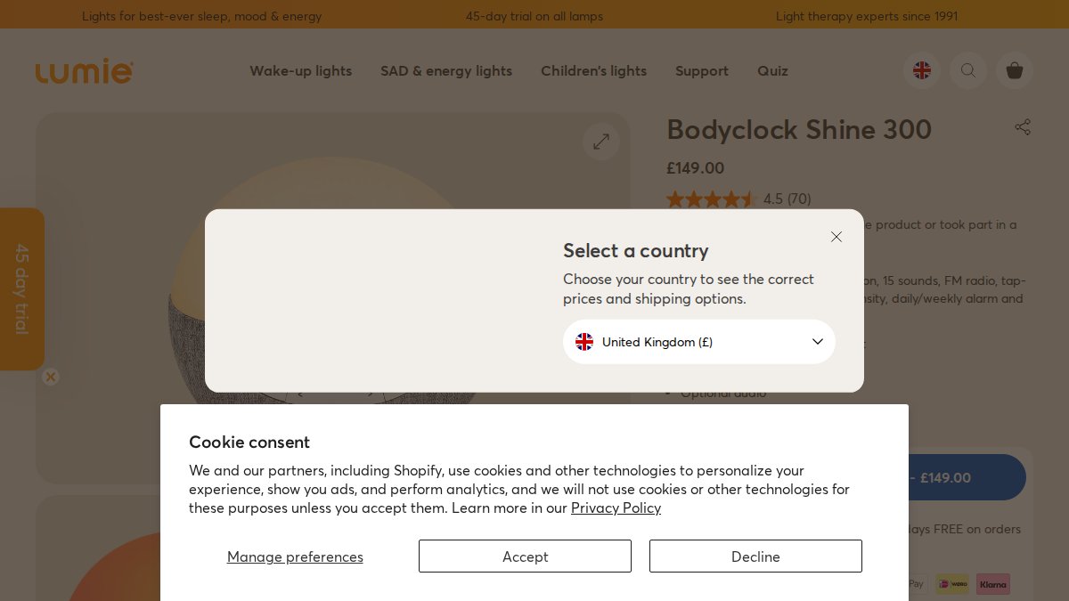 Screenshot of Bodyclock Shine 300 page on lumie.com