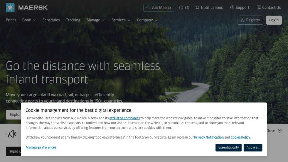 Screenshot of maersk.com interface