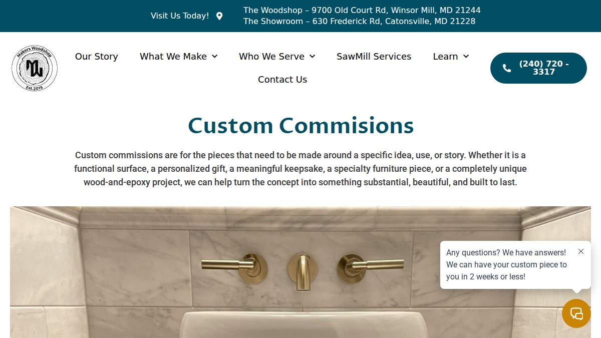 Screenshot of Custom Commissions page on makerswoodshop.com