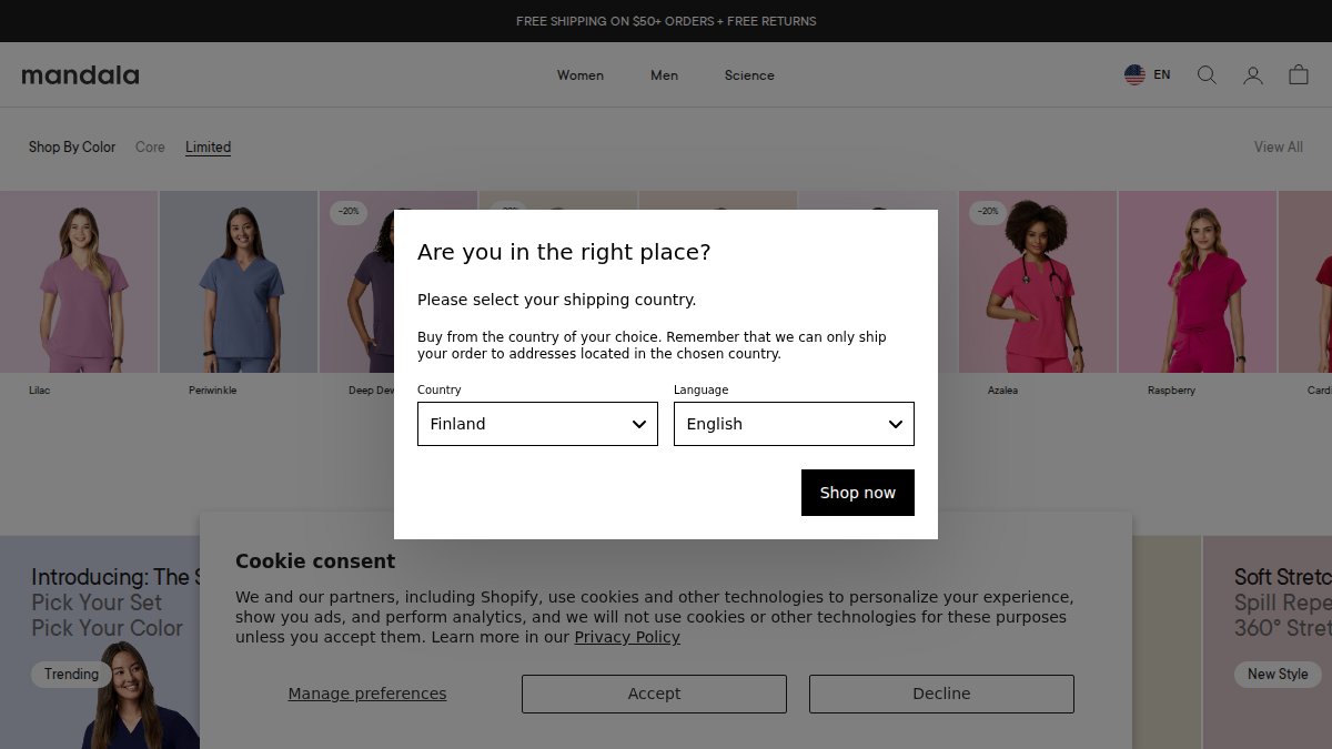 Screenshot of mandalascrubs.com interface