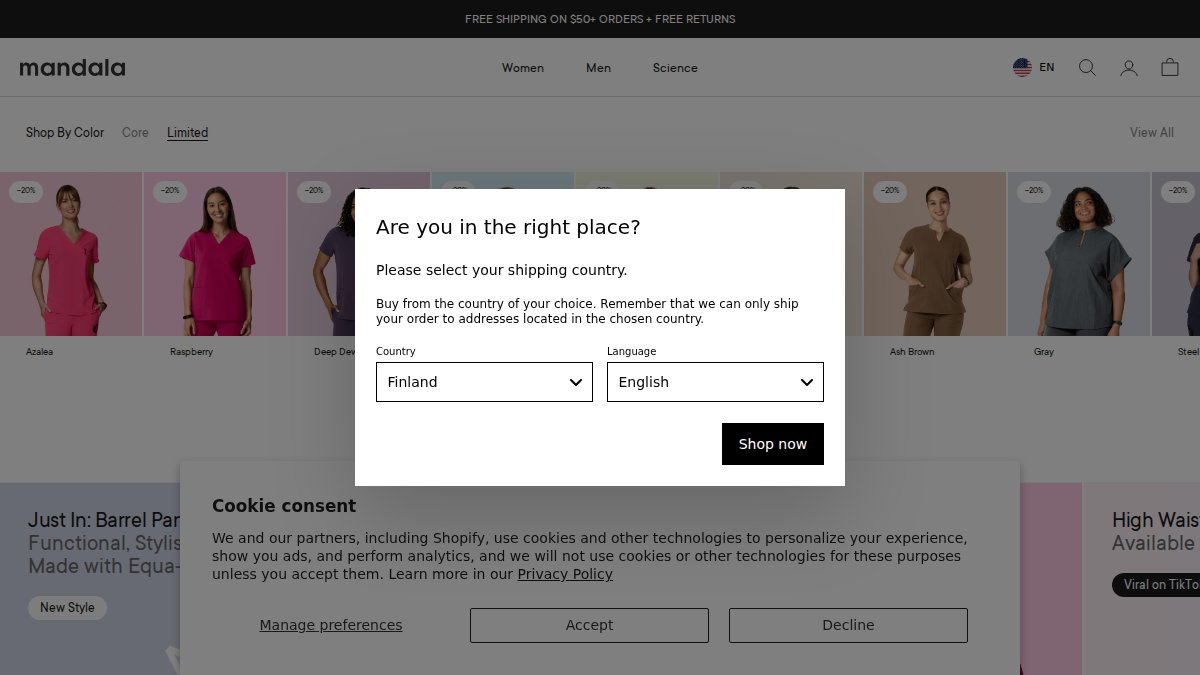 Screenshot of mandalascrubs.com interface