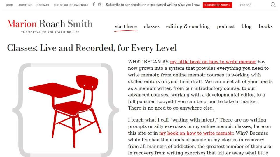 Screenshot of Learn To Write Memoir In 4 Online Memoir Classes With Marion Roach Smith page on marionroach.com