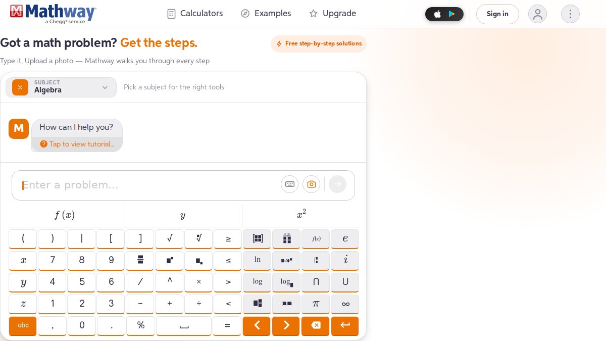 Screenshot of mathway.com interface