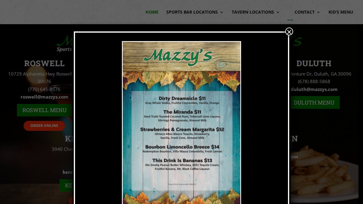 Screenshot of mazzys.com interface