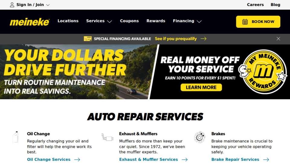 Screenshot of meineke.com interface