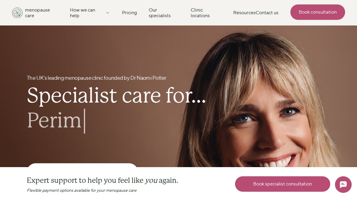 Screenshot of menopausecare.co.uk interface