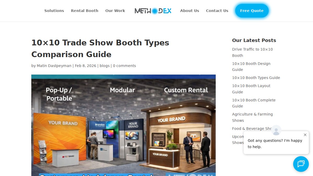 Screenshot of 10x10 Trade Show Booth Types Comparison page on methodex.us