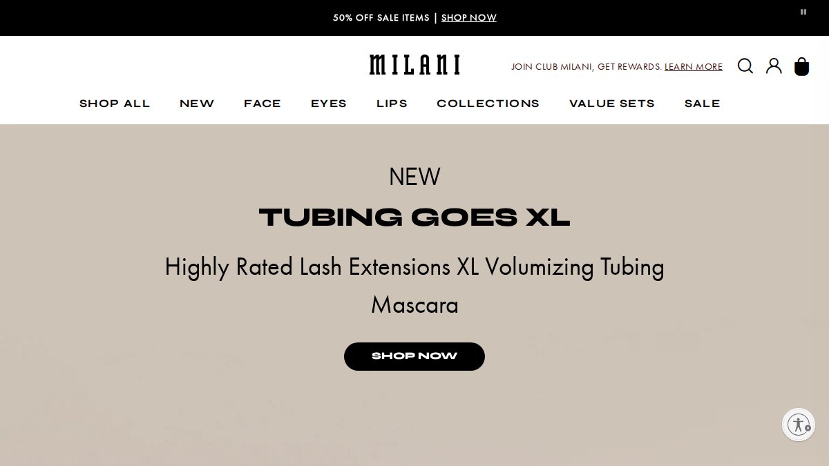 Screenshot of milanicosmetics.com interface