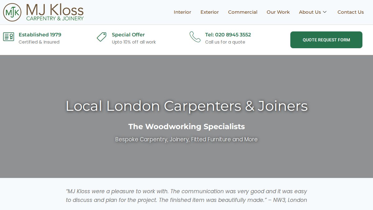 Screenshot of mjklosscarpentry.co.uk interface