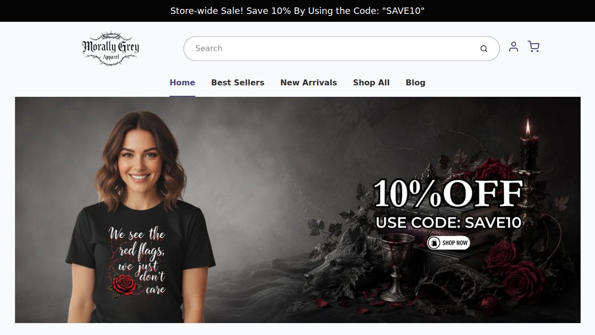 Screenshot of morallygreyapparel.com interface