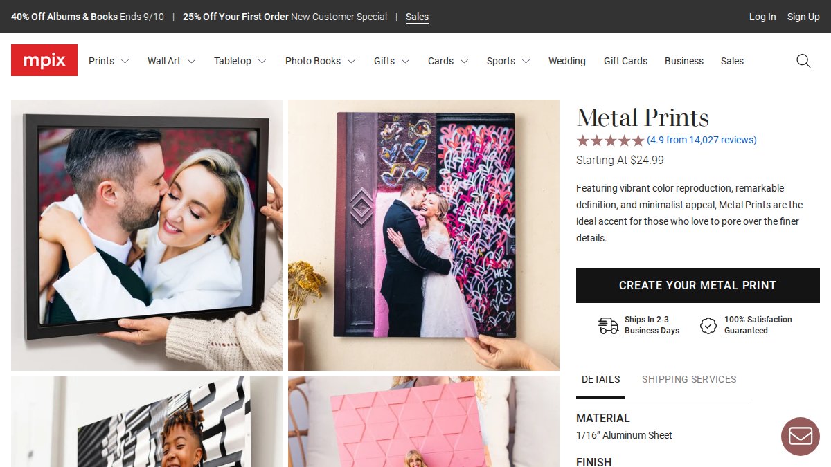 Screenshot of Metal Prints page on mpix.com