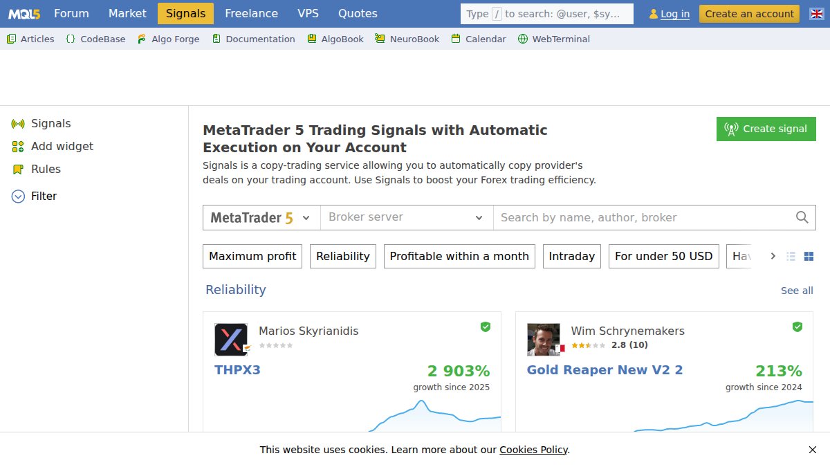Screenshot of Signals page on mql5.com