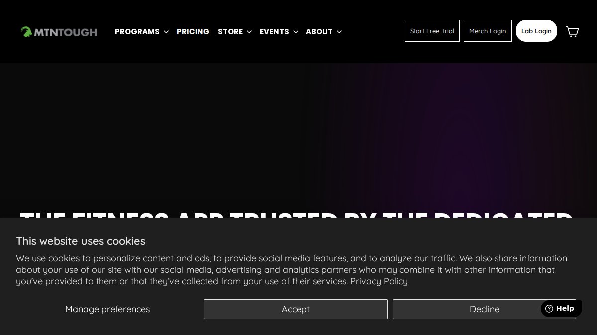 Screenshot of mtntough.com interface