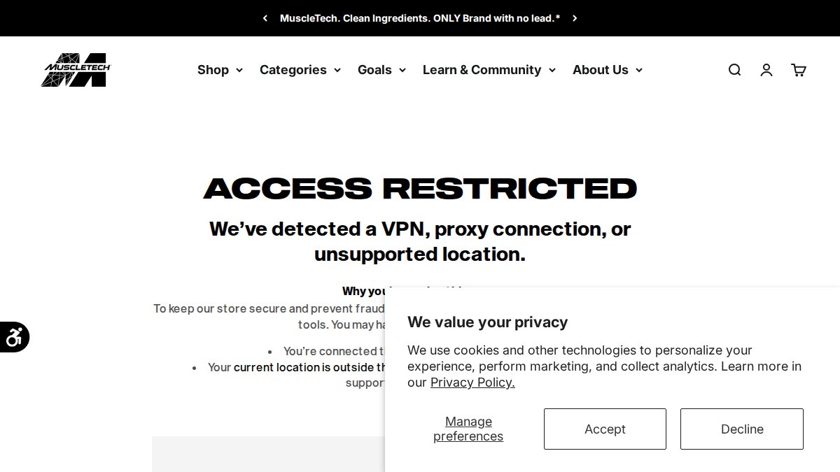 Screenshot of muscletech.com interface