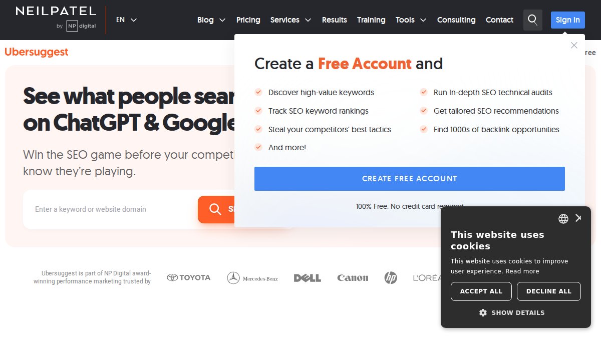 Screenshot of Ubersuggest page on neilpatel.com