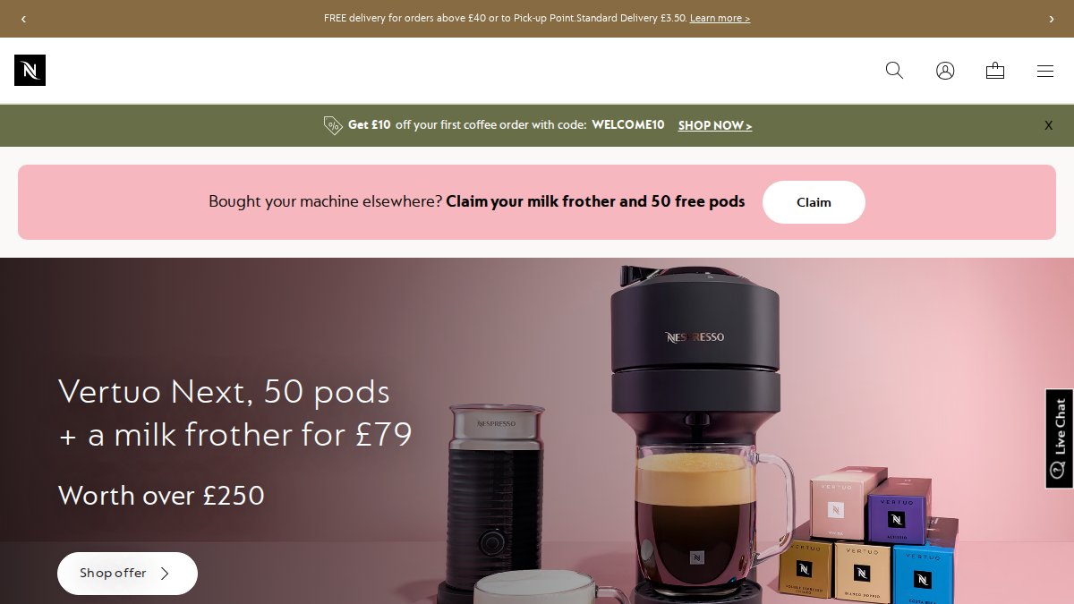 Screenshot of nespresso.com interface