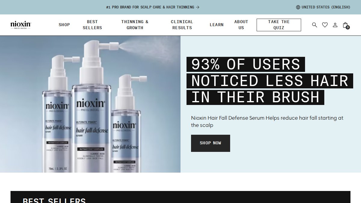 Screenshot of nioxin.com interface