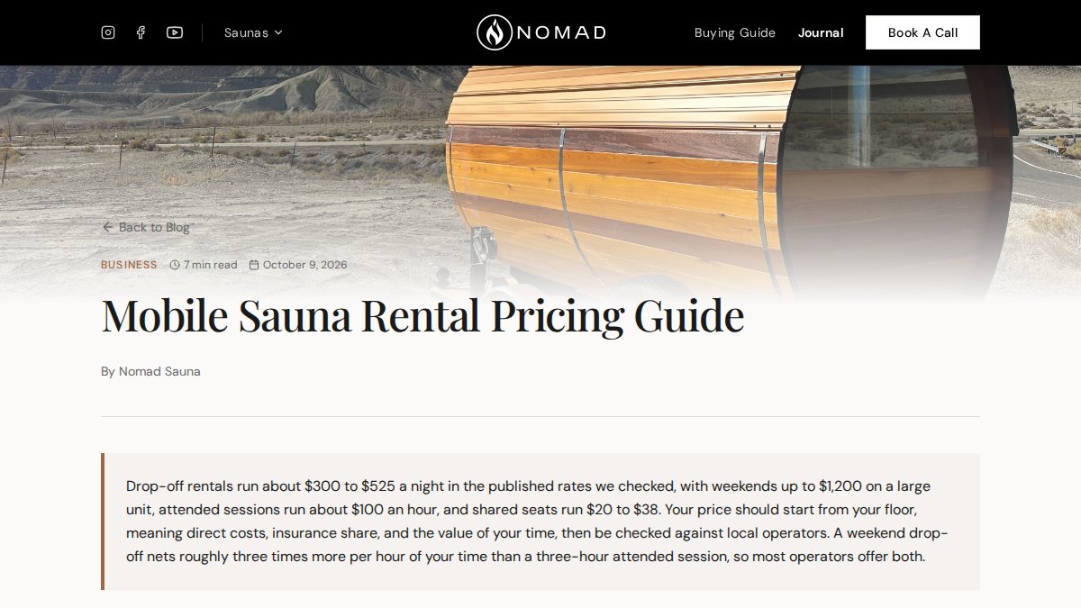 Screenshot of Mobile Sauna Rental Pricing page on nomadsauna.com