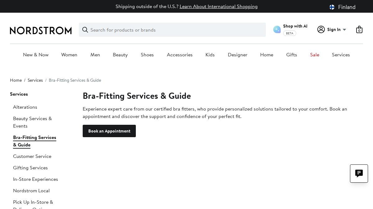 Screenshot of Bra Fitting Services And Guide page on nordstrom.com