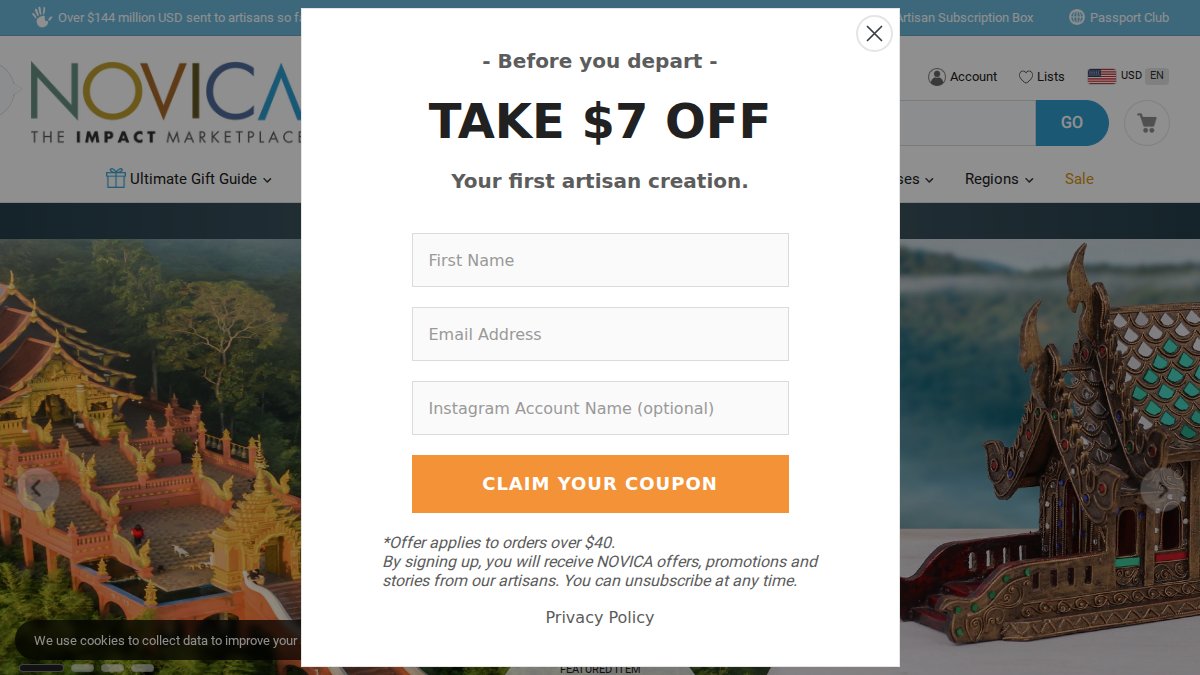 Screenshot of novica.com interface