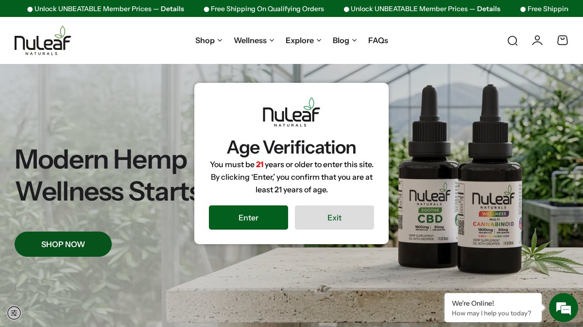 Screenshot of nuleafnaturals.com interface