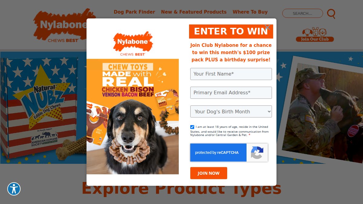 Screenshot of nylabone.com interface