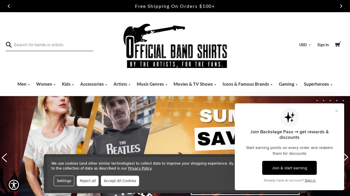 Screenshot of officialbandshirts.com interface