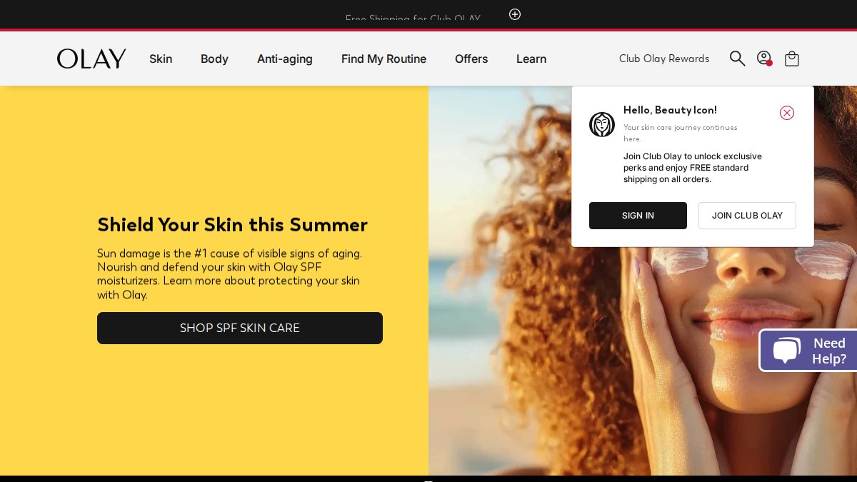 Screenshot of olay.com interface