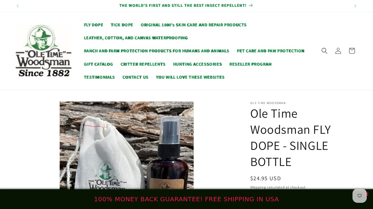 Screenshot of Ole Time Woodsman Fly Dope page on oletimewoodsman.com