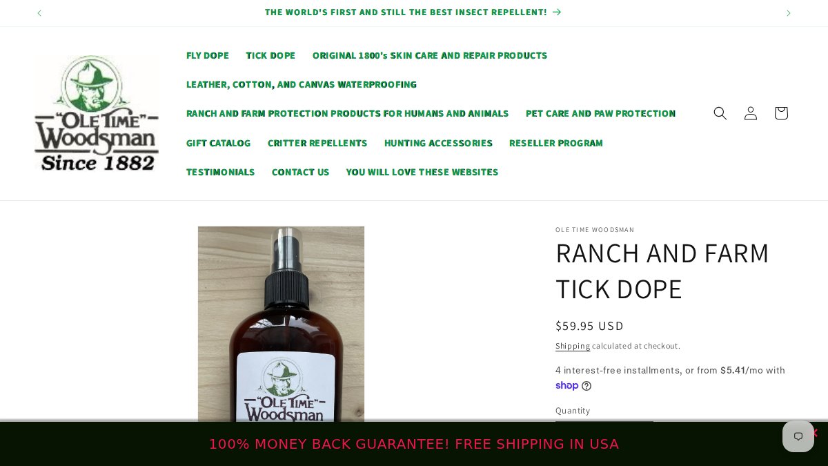 Screenshot of Ranch And Farm Tick Dope page on oletimewoodsman.com