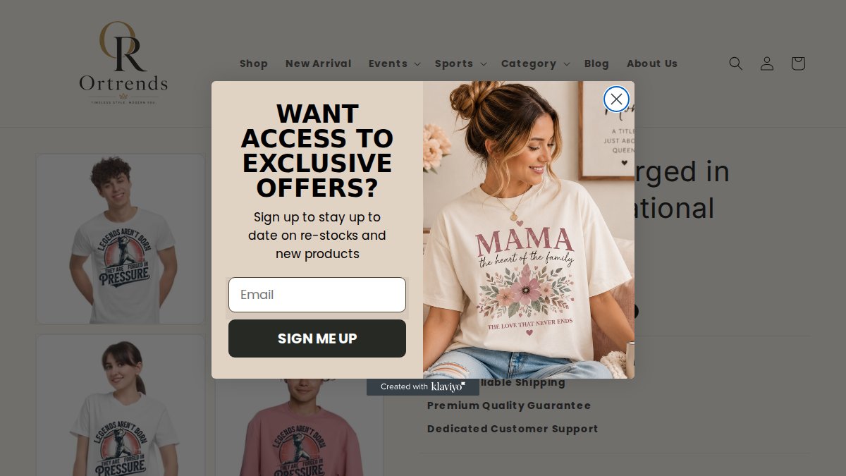 Screenshot of Legends Forged In Pressure Baseball T Shirt page on ortrends.com