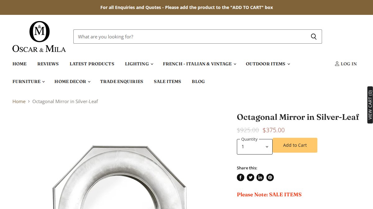 Screenshot of Octagonal Mirror In Silver Leaf page on oscarandmila.com.au