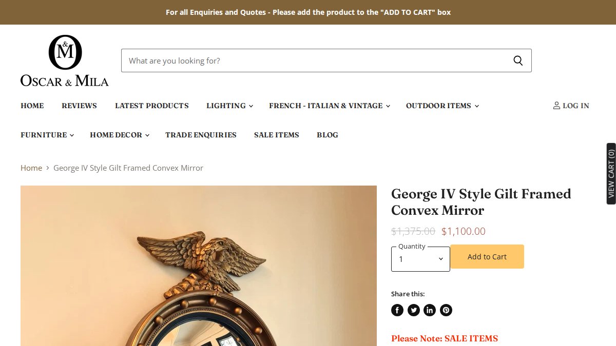 Screenshot of George Iv Style Gilt Framed Convex Mirror page on oscarandmila.com.au