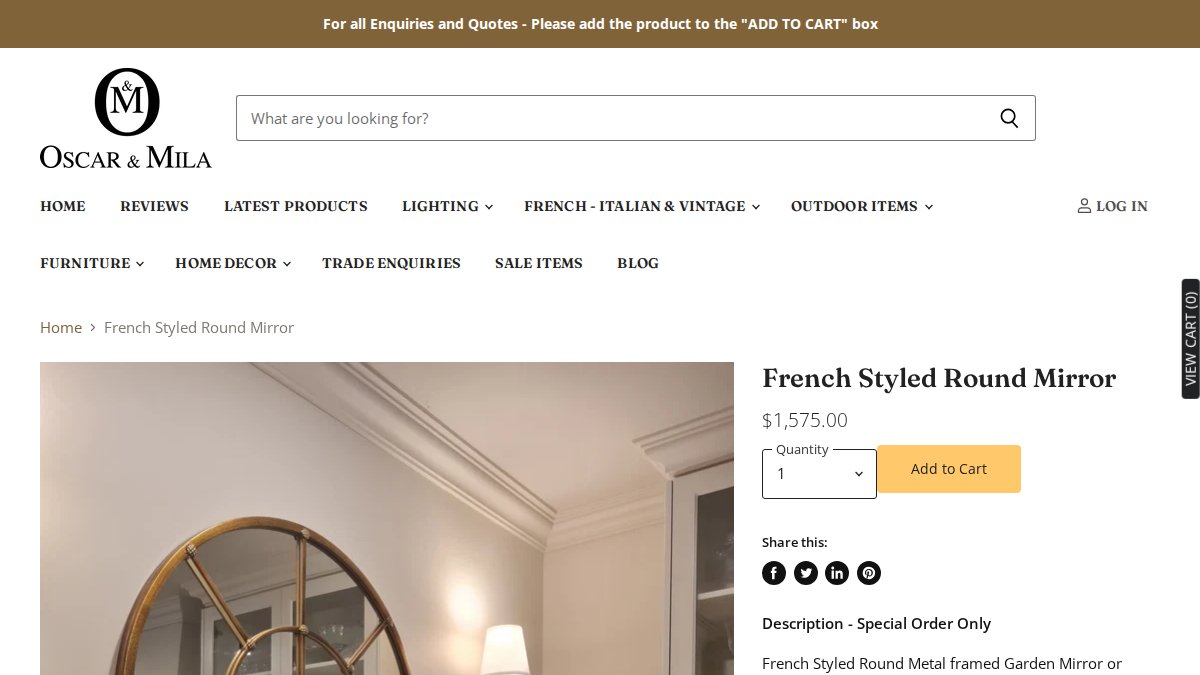 Screenshot of French Styled Round Mirror page on oscarandmila.com.au
