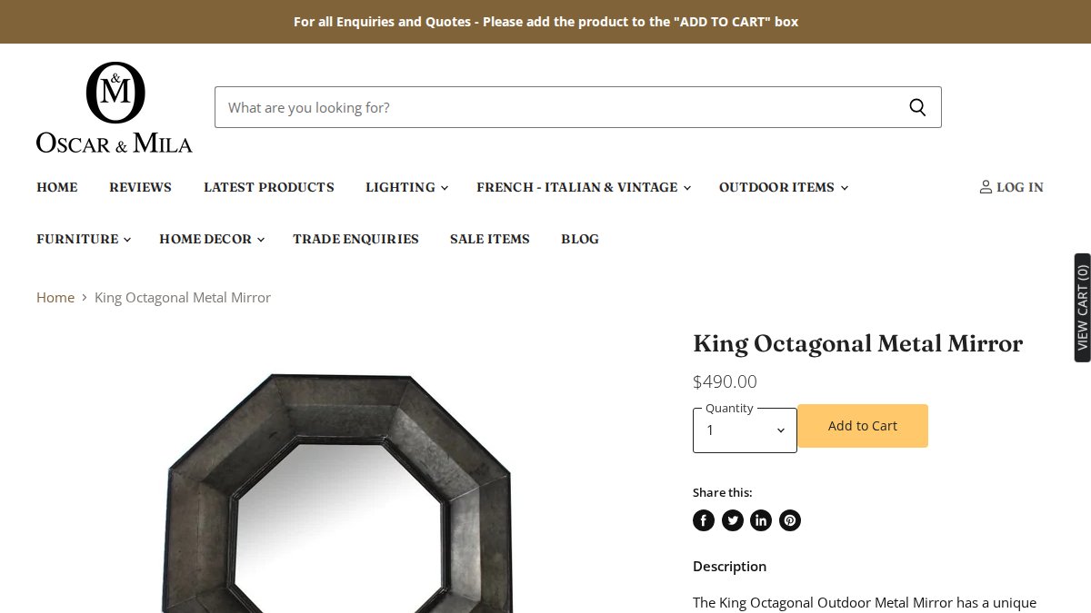 Screenshot of King Octagonal Metal Mirror page on oscarandmila.com.au