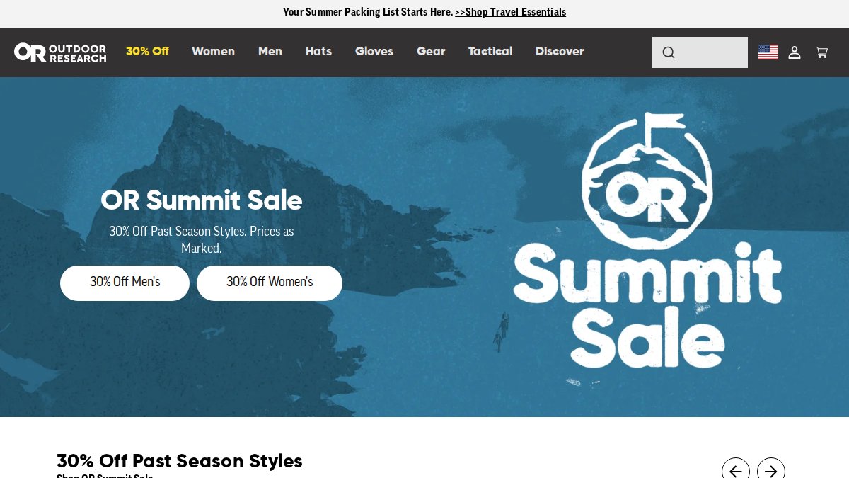 Screenshot of outdoorresearch.com interface
