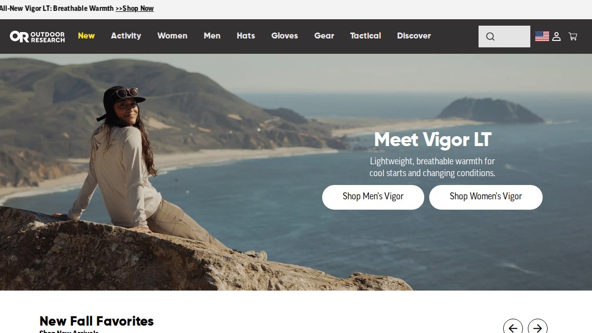 Screenshot of outdoorresearch.com interface