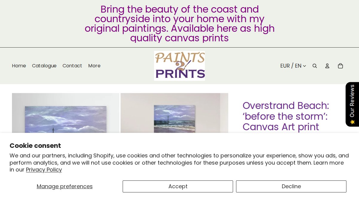 Screenshot of Overstrand Before The Storm page on paints2prints.myshopify.com