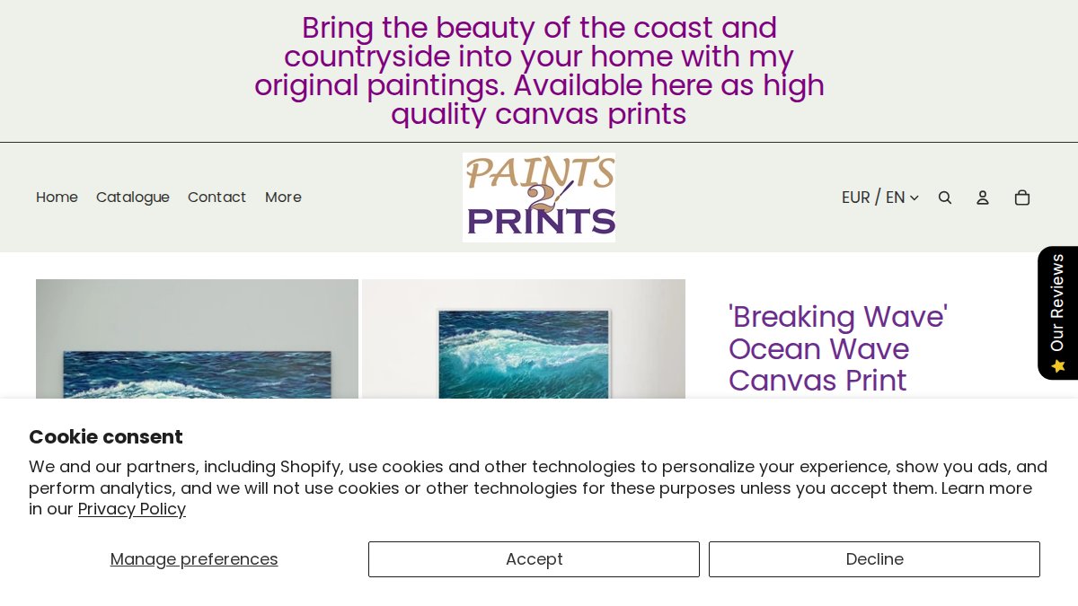 Screenshot of Breaking Wave page on paints2prints.myshopify.com