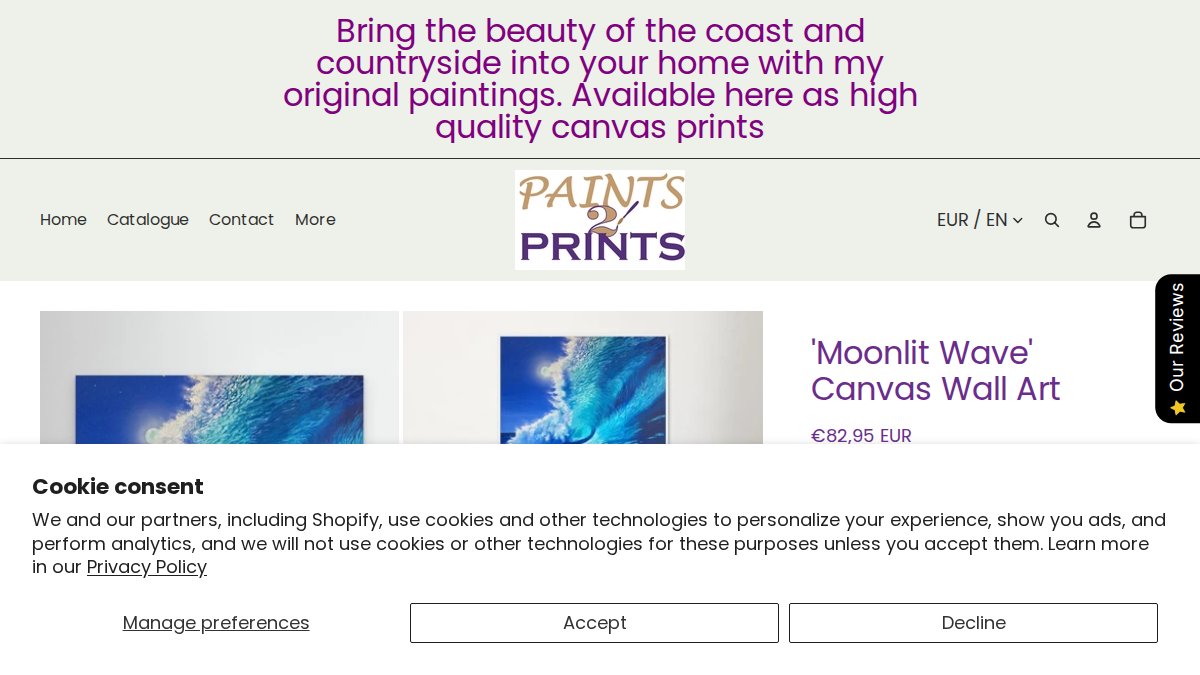 Screenshot of Moonlit Wave page on paints2prints.myshopify.com