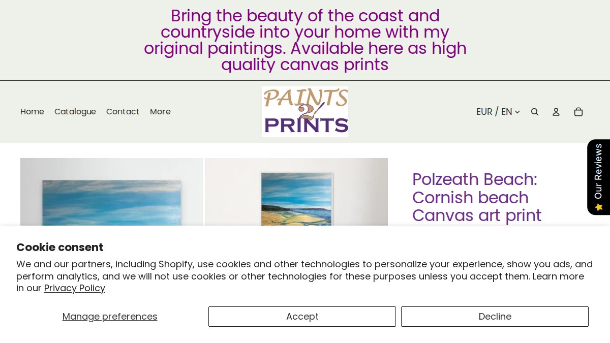 Screenshot of Polzeath Beach page on paints2prints.myshopify.com