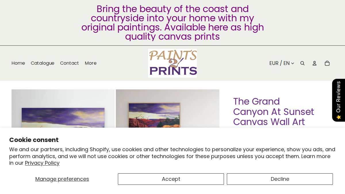 Screenshot of The Grand Canyon page on paints2prints.myshopify.com