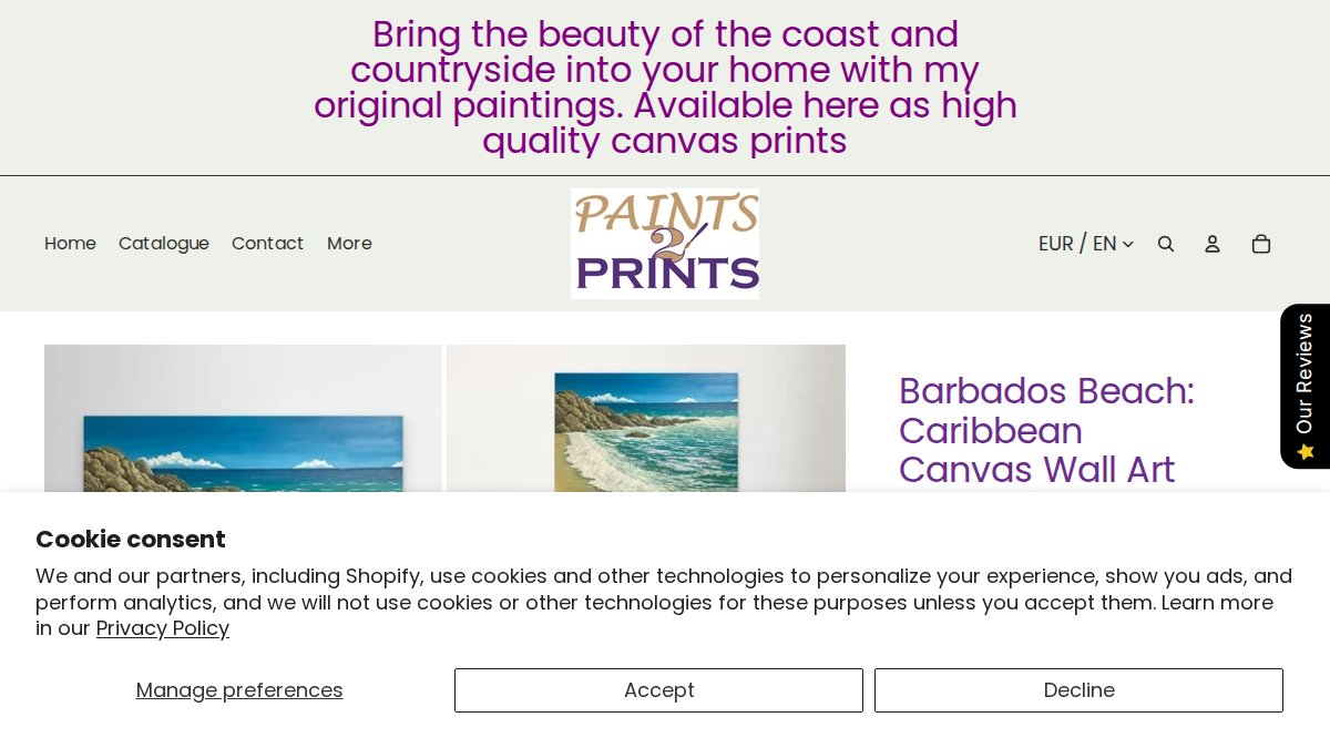 Screenshot of Caribbean Beach page on paints2prints.myshopify.com