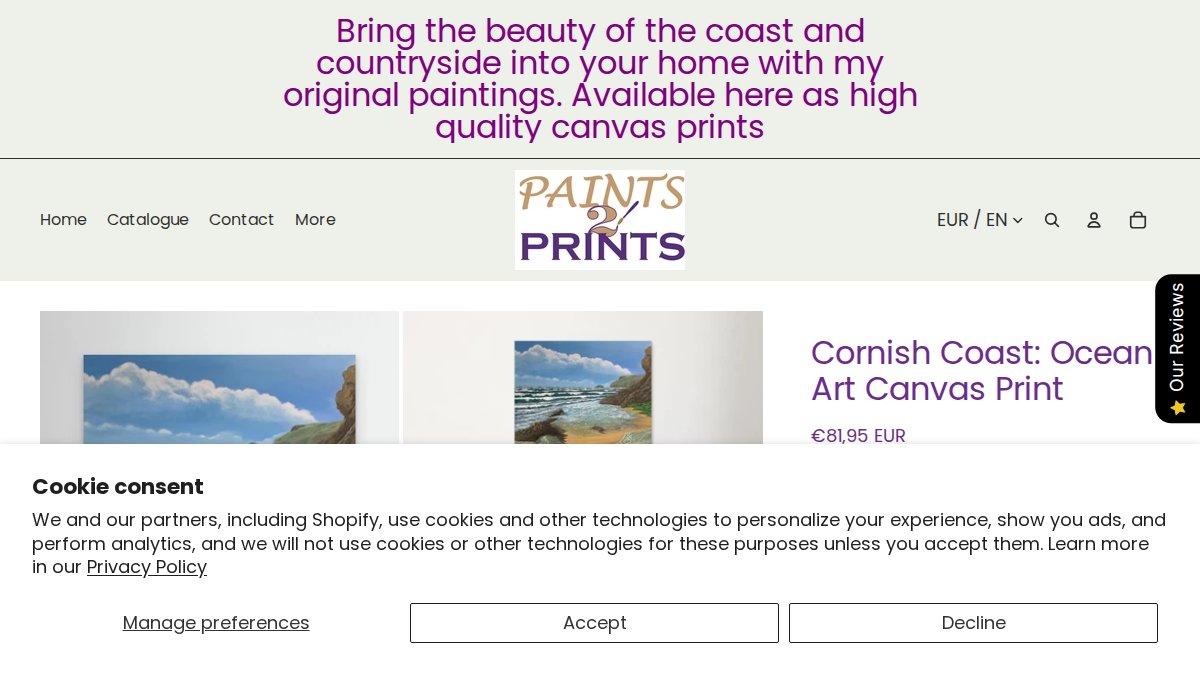 Screenshot of Cornish Beach page on paints2prints.myshopify.com