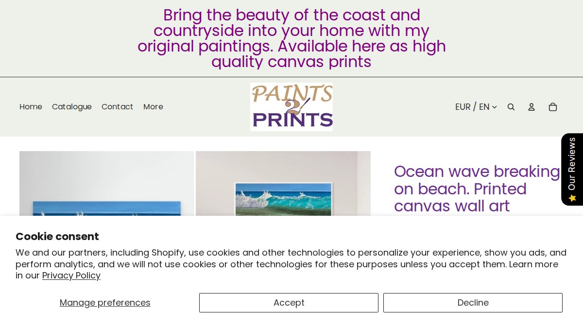 Screenshot of Breaking Wave On Beach page on paints2prints.myshopify.com