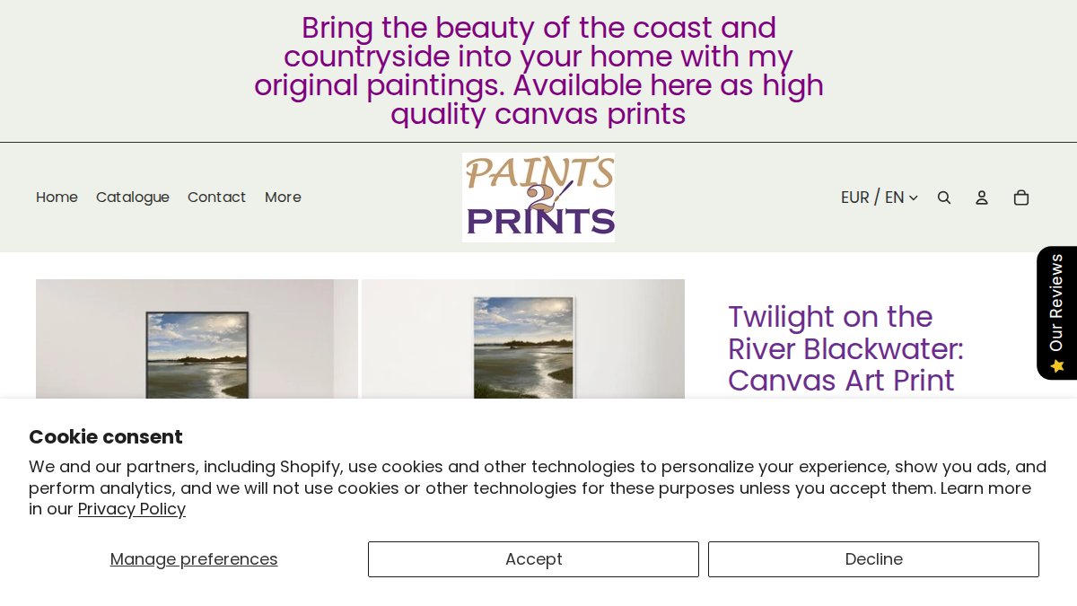 Screenshot of Twilight On The Blackwater page on paints2prints.myshopify.com